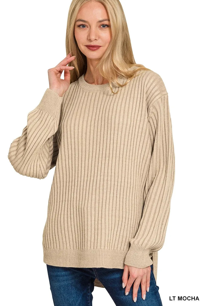 Zenana Light Mocha Curved Hem Two-Tone Ribbed Sweater LT MOCHA