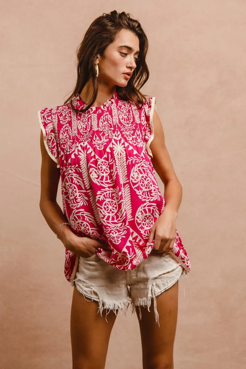 BiBi Pink Printed Ruffle Sleeve Top