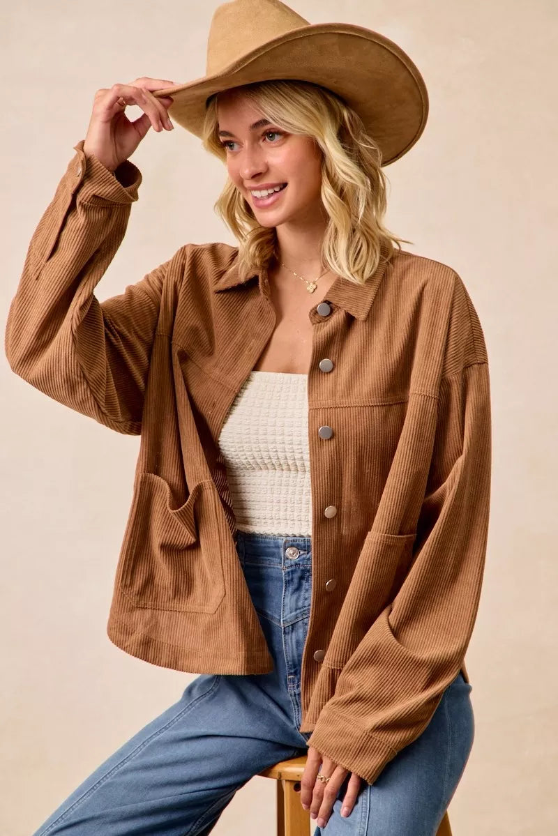 BiBi Camel Corduroy Relaxed Fit Shacket with Back Pleat