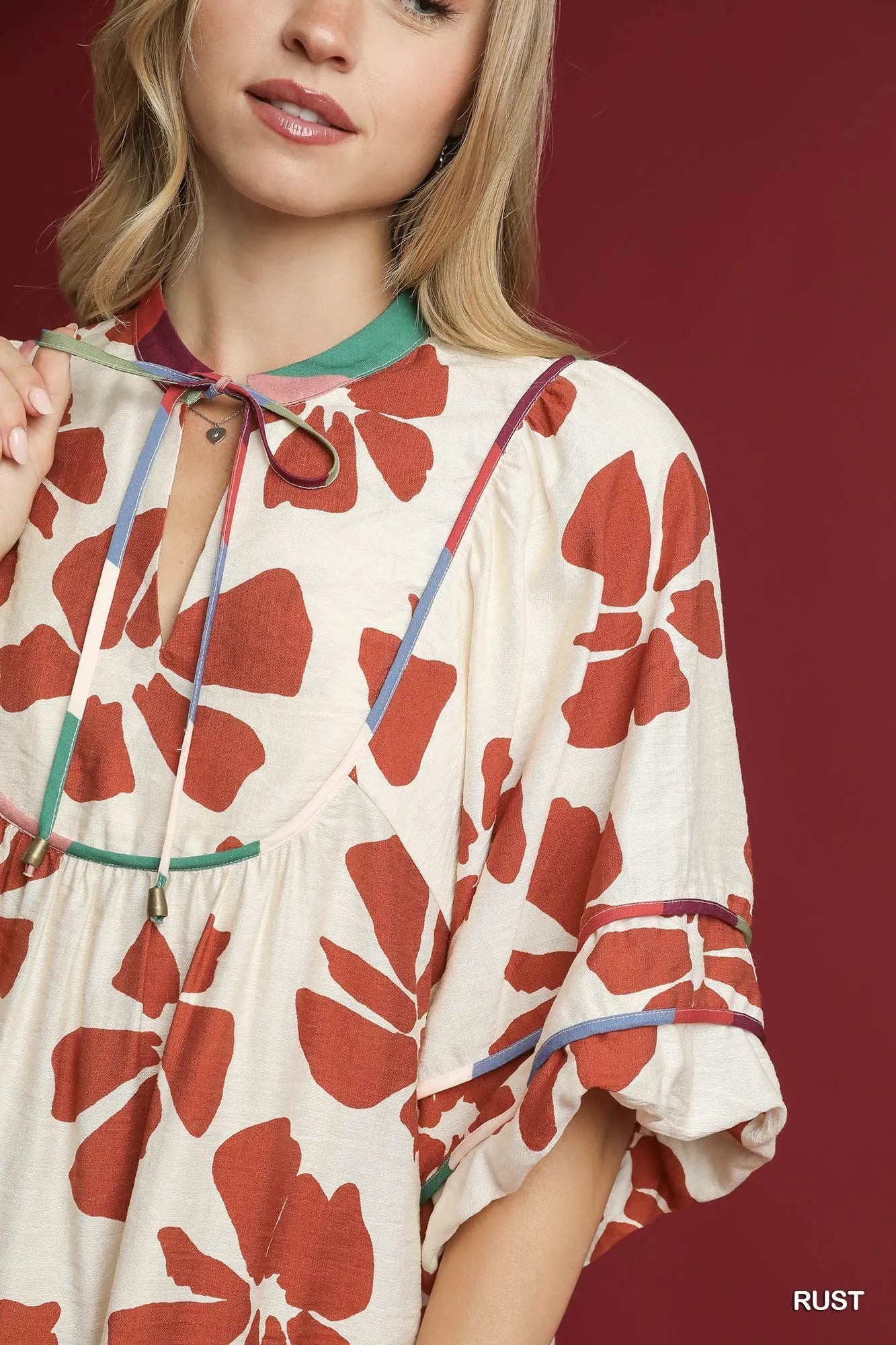 Umgee Two Tone Floral Tie-Neck Babydoll Dress in Rust