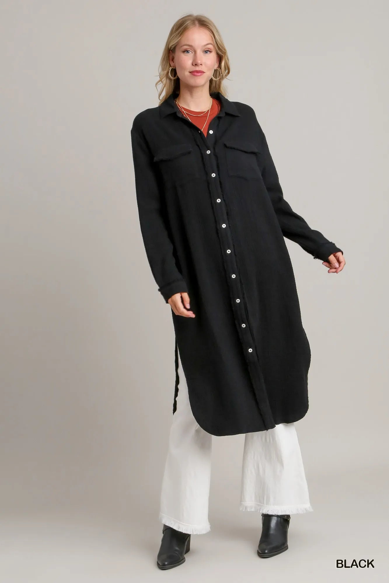 Umgee Black Cotton Gauze Button Down Shirt Dress