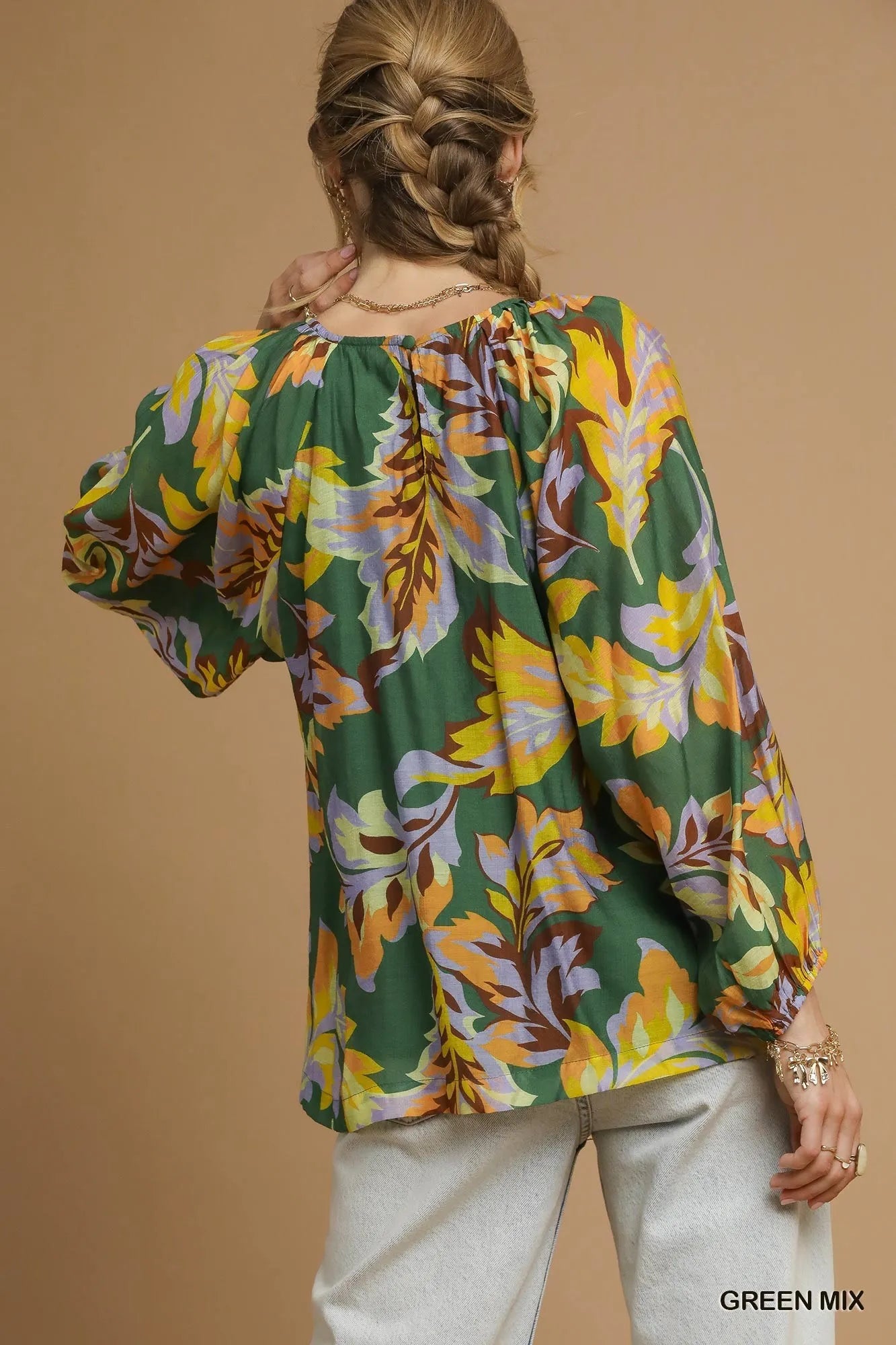 Umgee Green Mix Abstract Print Balloon Sleeve Blouse