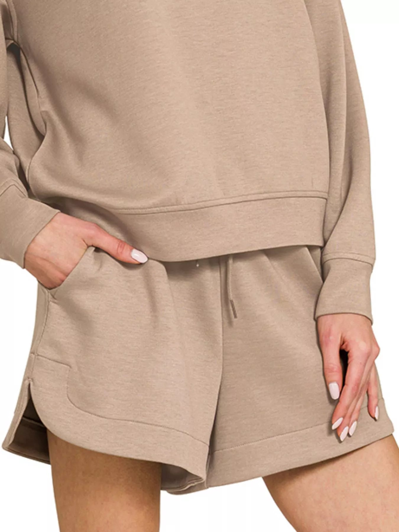 Zenana Cocoa Scuba Long Sleeve Sweatshirt and Shorts Set