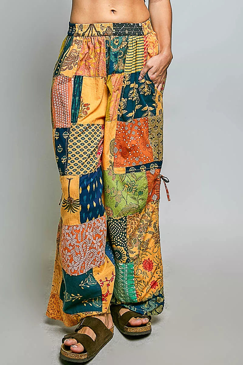 POL Honey Multi Printed Patchwork Wide Leg Pants with Adjustable Side Drawstring HONEY MULTI