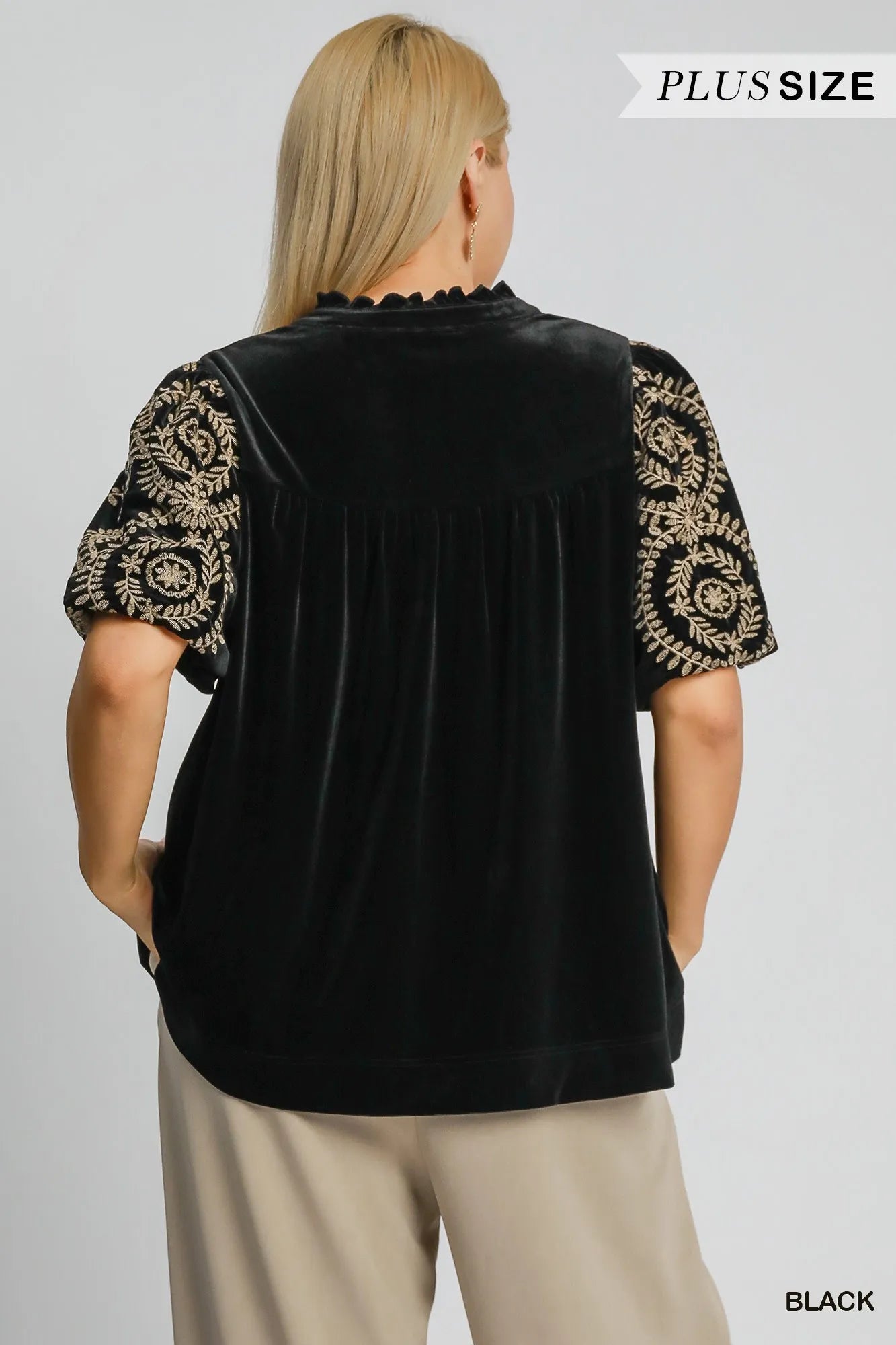 Umgee Black Velvet Embroidered Sleeve Blouse Plus Size