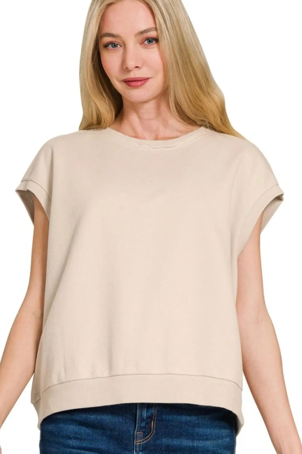 Zenana Sand Beige French Terry Round Neck Cap Sleeve T-Shirt SAND BEIGE