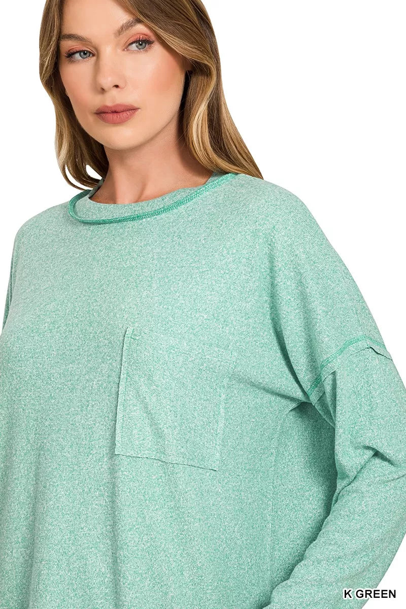 Zenana Kelly Green Soft Melange Hacci Round-Neck Long Sleeve T-Shirt
