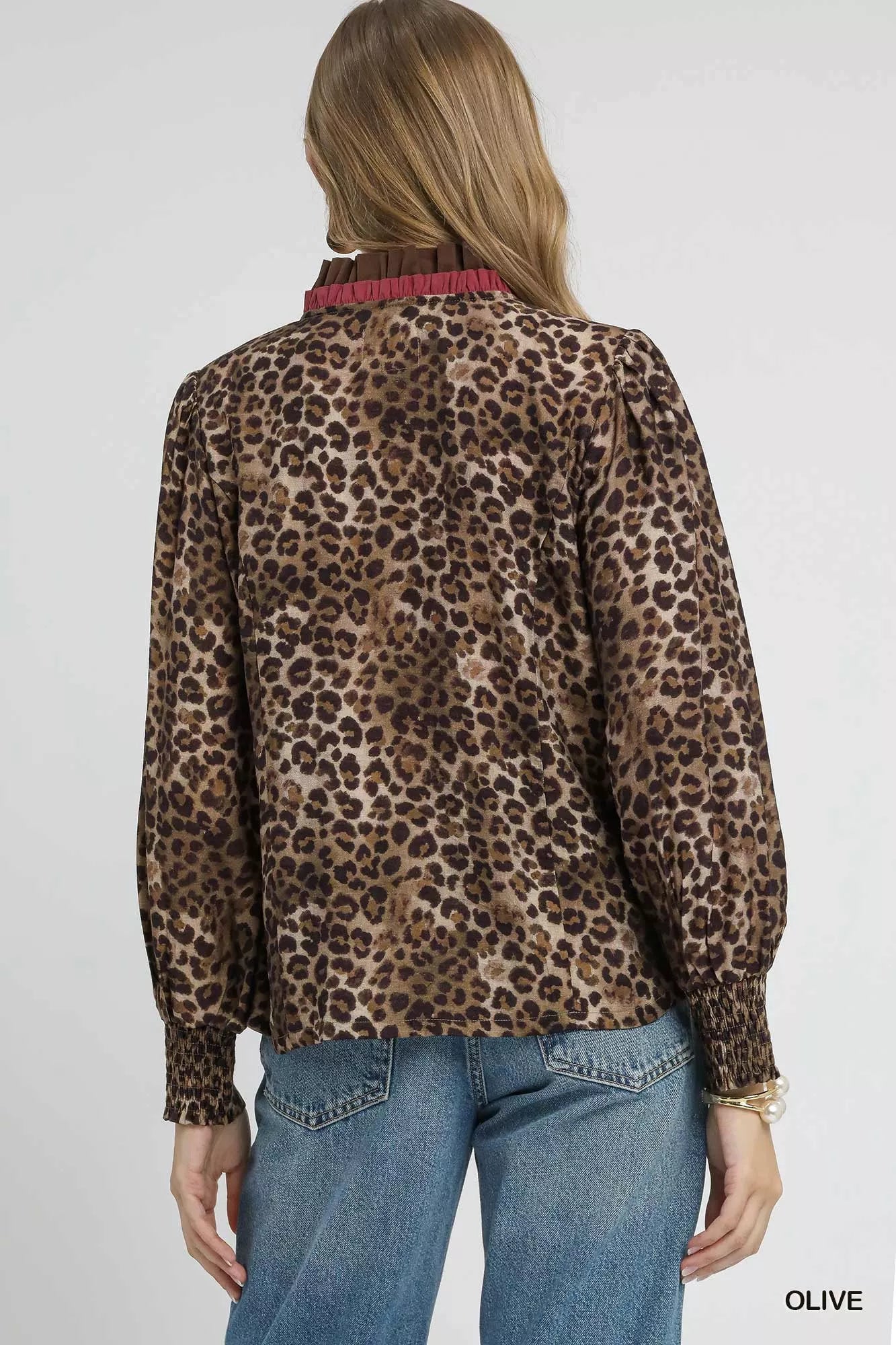 Umgee Olive Ruffle Trim Leopard Print Long Sleeve Blouse