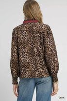 Umgee Olive Ruffle Trim Leopard Print Long Sleeve Blouse