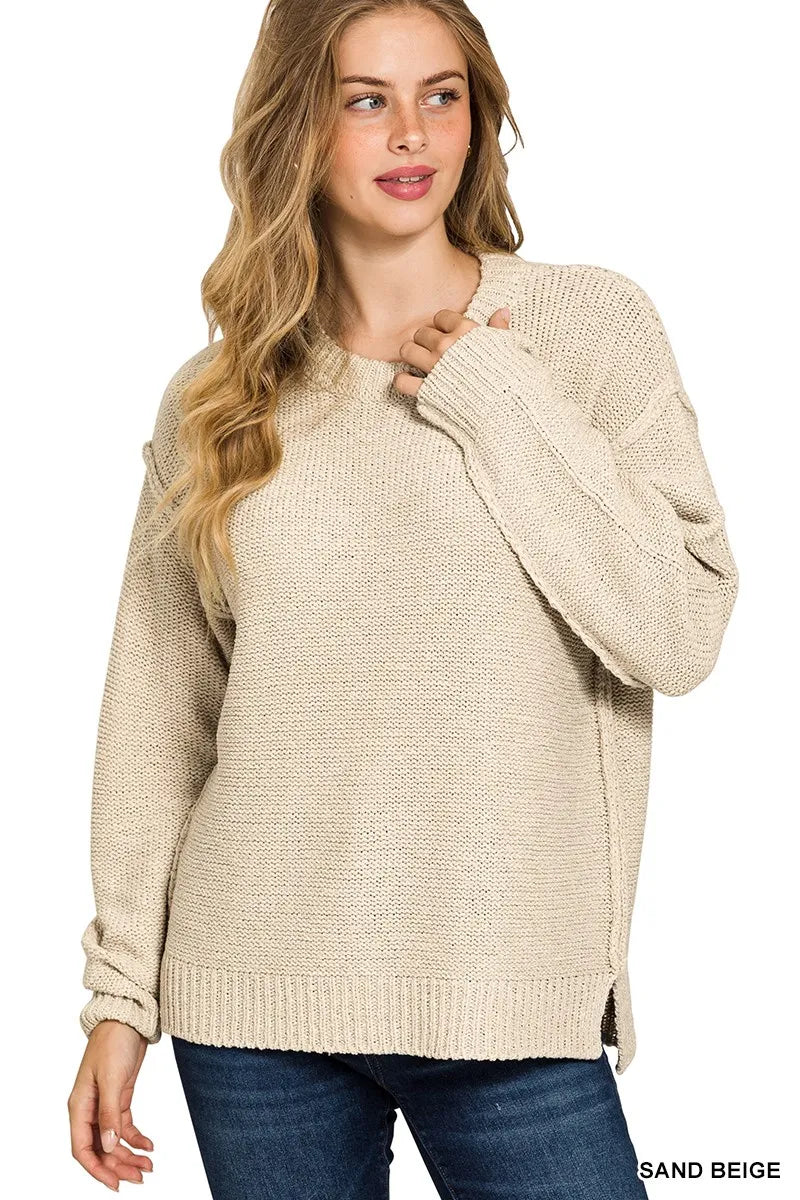 Zenana Sand Beige Exposed Seam Round Neck Sweater SAND BEIGE