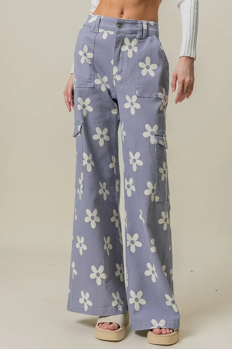 BiBi Dusty Lavender Flower Printed Side Pocket Wide Pants DUSTY LAVENDER