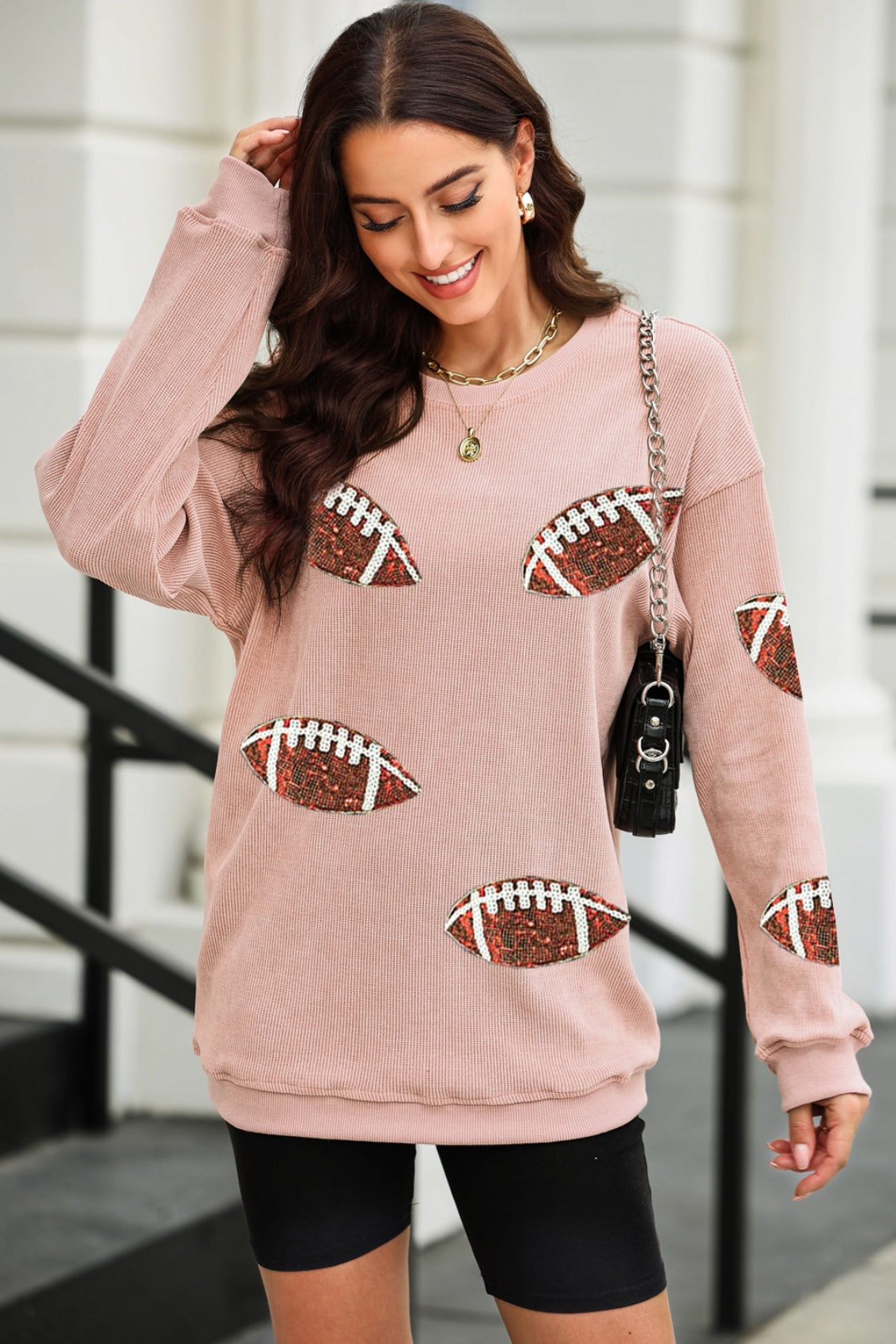 Preorder Ruby Idol Sequin Football Patch Corduroy Sweatshirt Dusty Pink Shirts & Tops