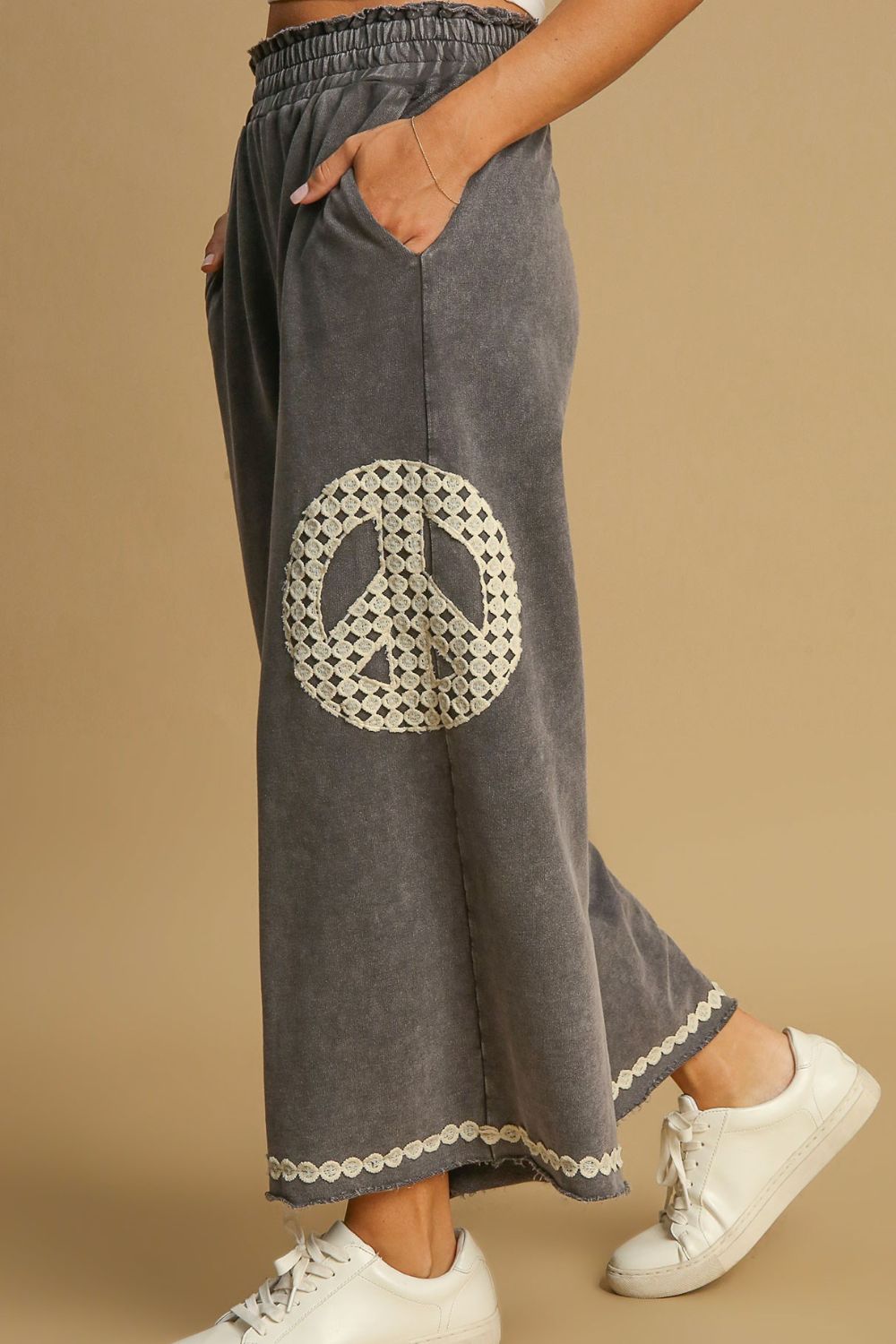 Umgee Charcoal Peace Lace Applique Mineral Wash Wide Leg Pants