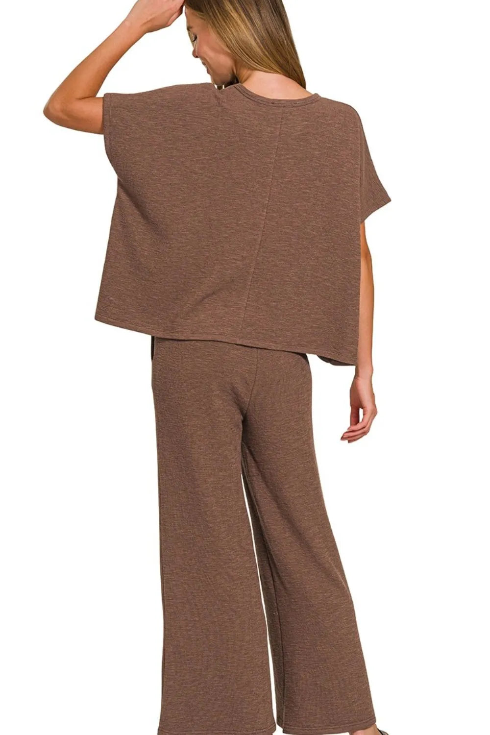 Zenana Brown Cotton Slub Top & Pants Set