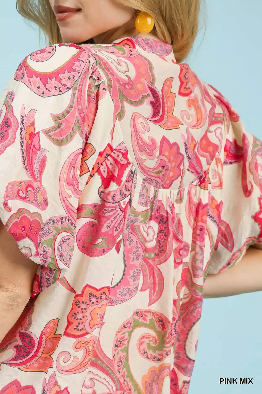 Umgee Pink Mix Paisley Print Peasant Top with Tie Neck
