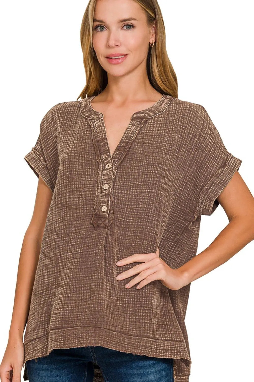 Zenana Brown Washed Double Gauze 3/4 Button Henley Neck Shirt BROWN