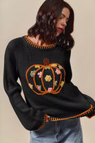 SO ME Pumpkin Floral Embroidered Thanksgiving Sweater BLACK