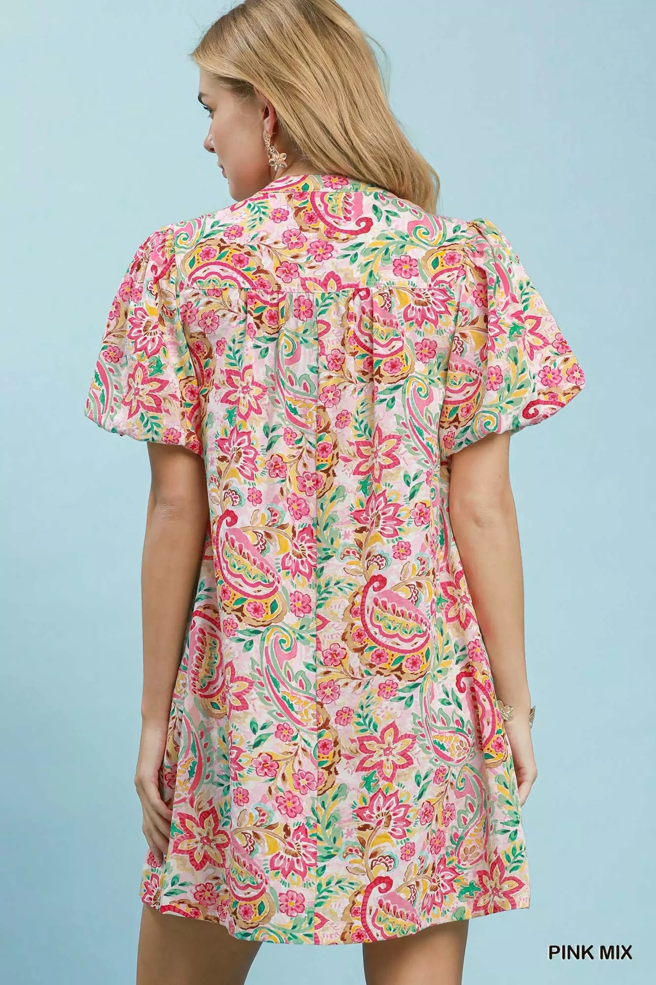Umgee Pink Mix Paisley Floral Puff Sleeve Shift Dress