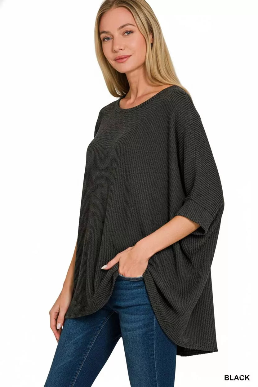 Zenana Black Raised Rib Bat Sleeve Top