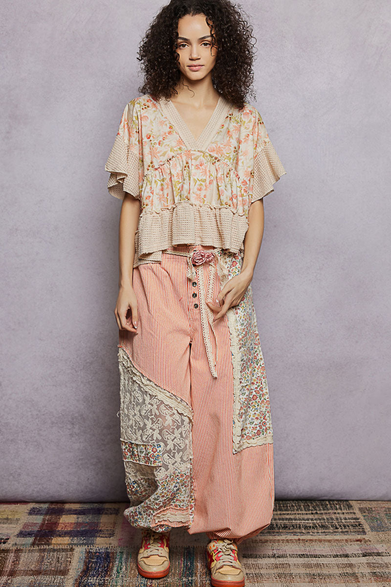 POL Almond Floral Print V-Neck Woven Blouse with Gentle Gathers
