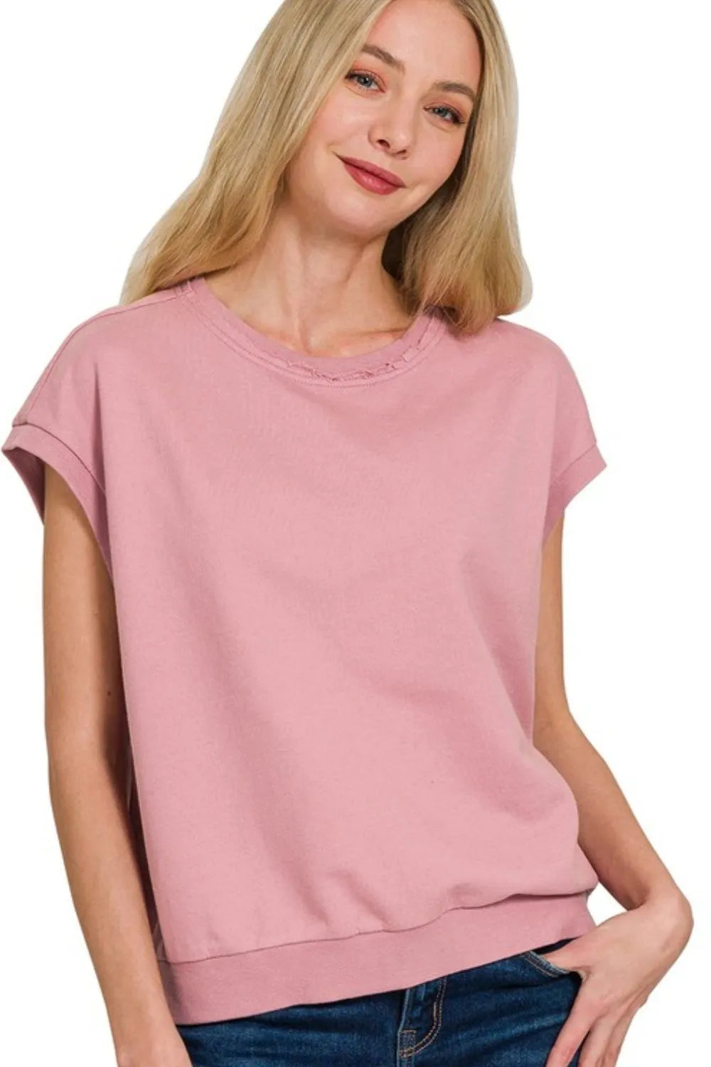 Zenana Light Rose French Terry Round Neck Cap Sleeve T-Shirt LT ROSE
