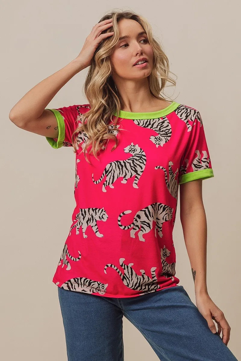BiBi Big Tiger Print Jersey Contrast Ringer Top FUCHSIA N.GREEN