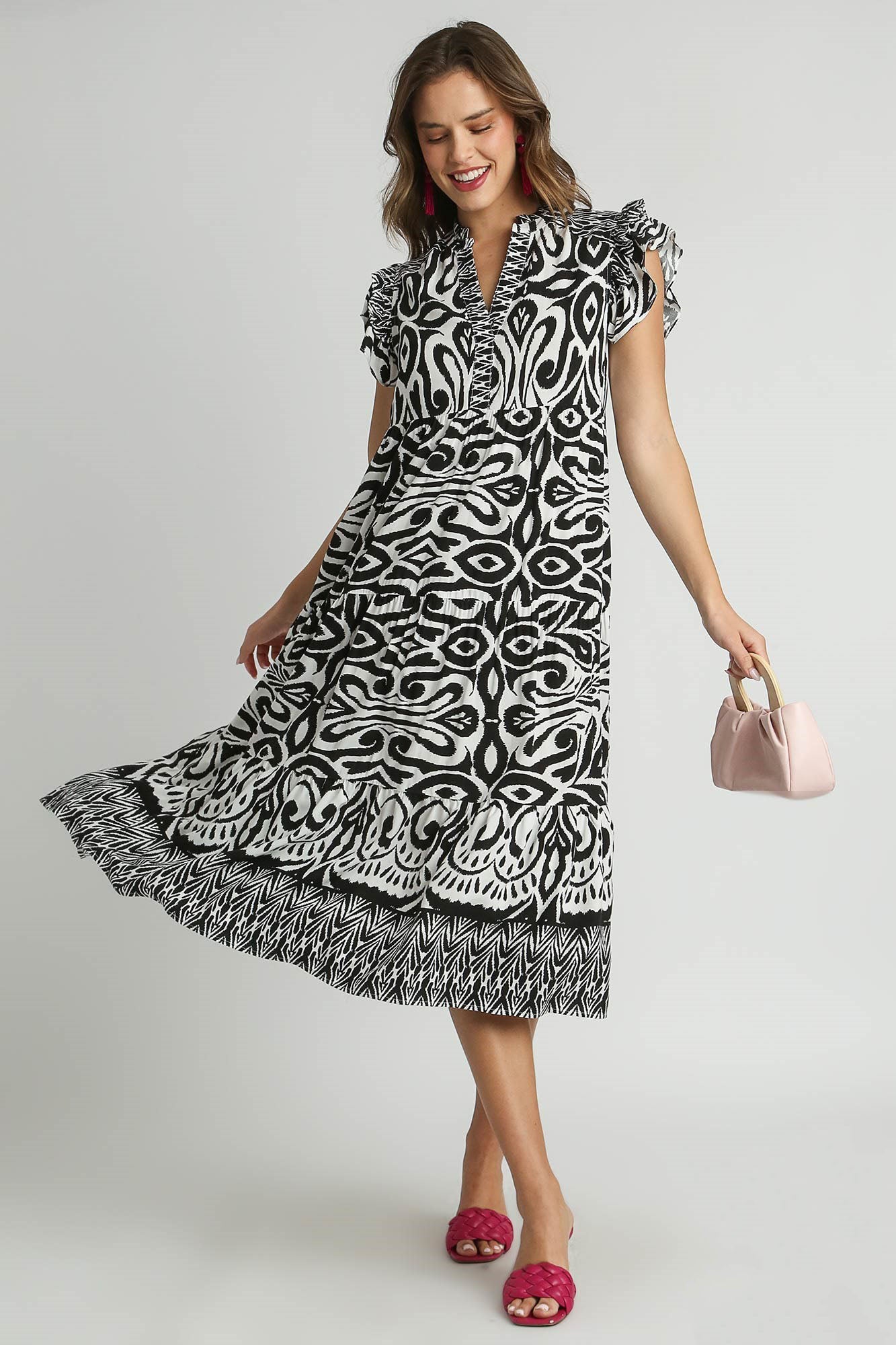 Umgee Black Two Tone Border Print Ruffle Cap Sleeve Midi Dress