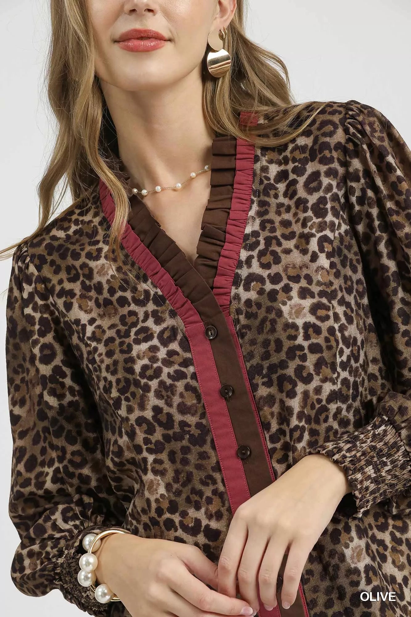 Umgee Olive Ruffle Trim Leopard Print Long Sleeve Blouse