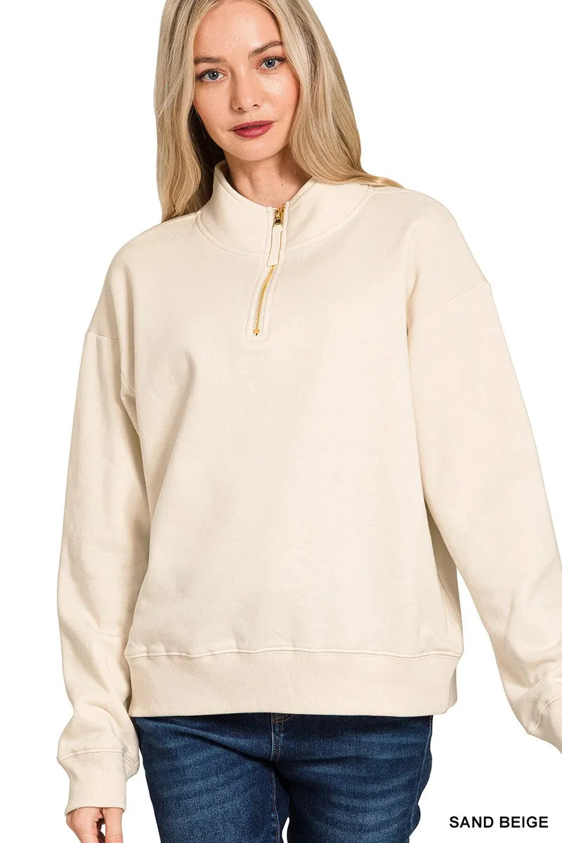 Zenana Sand Beige Fleece Half Zip Sweatshirt