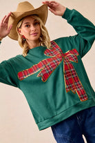 BiBi Plaid Ribbon Bow Detail Christmas Fleece Pullover – Green/Red Plaid