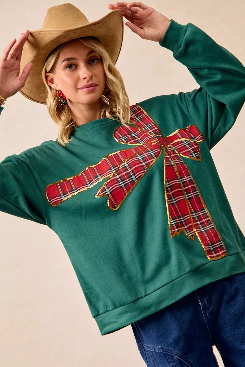 BiBi Plaid Ribbon Bow Detail Christmas Fleece Pullover – Green/Red Plaid