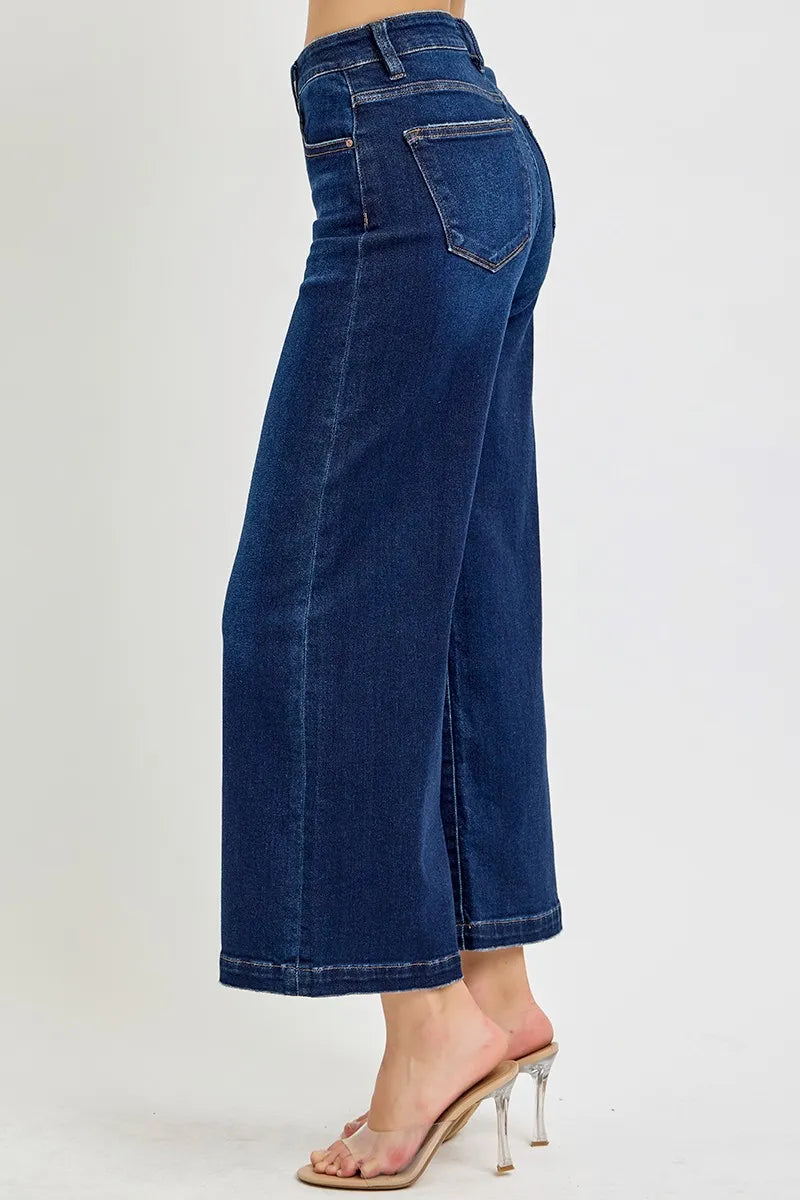 RISEN Dark Washed High Rise Cropped Wide Leg Jeans