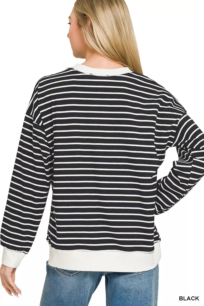 Zenana Black Contrast Striped Round Neck Sweatshirt