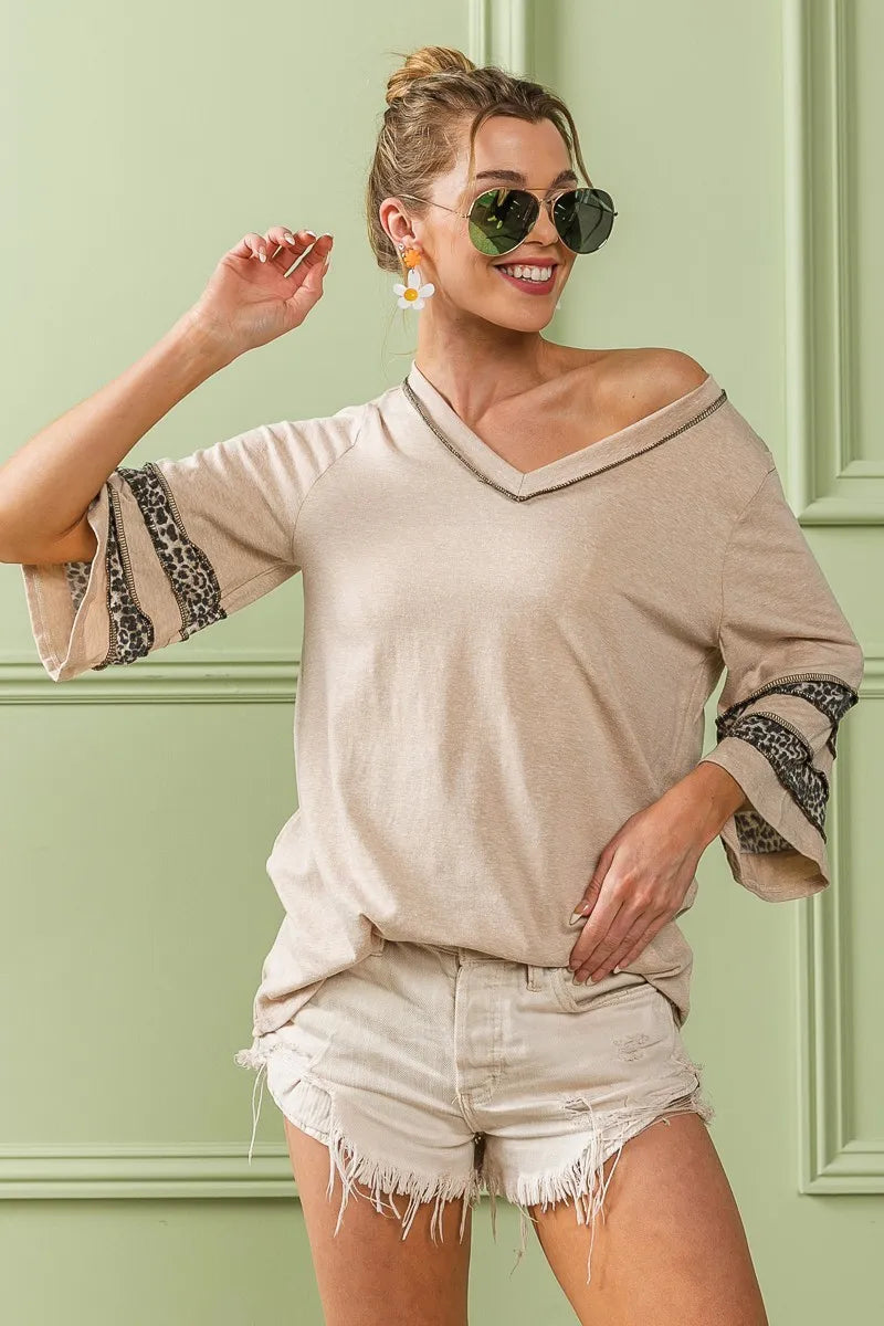 BiBi Oatmeal Triblend Knit Top with Leopard Band Detail