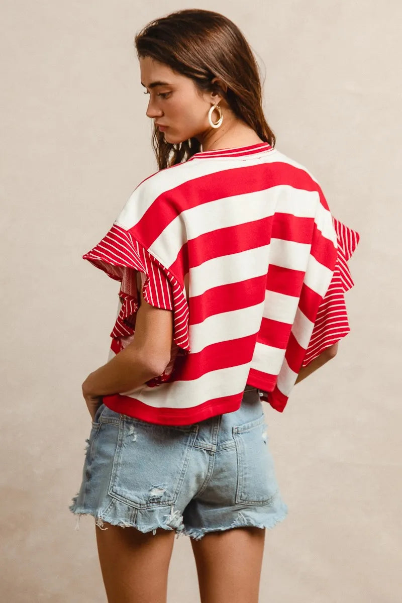 BiBi Red Stripe Mixed Ruffle Sleeve Top With Leopard Letters- USA