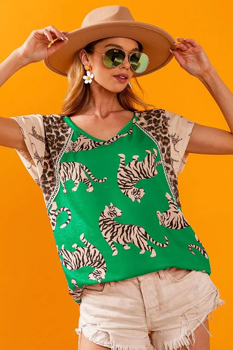 BiBi Green Tiger Printed Jersey Block T-Shirt with Leooard & Aztec Trim GREEN