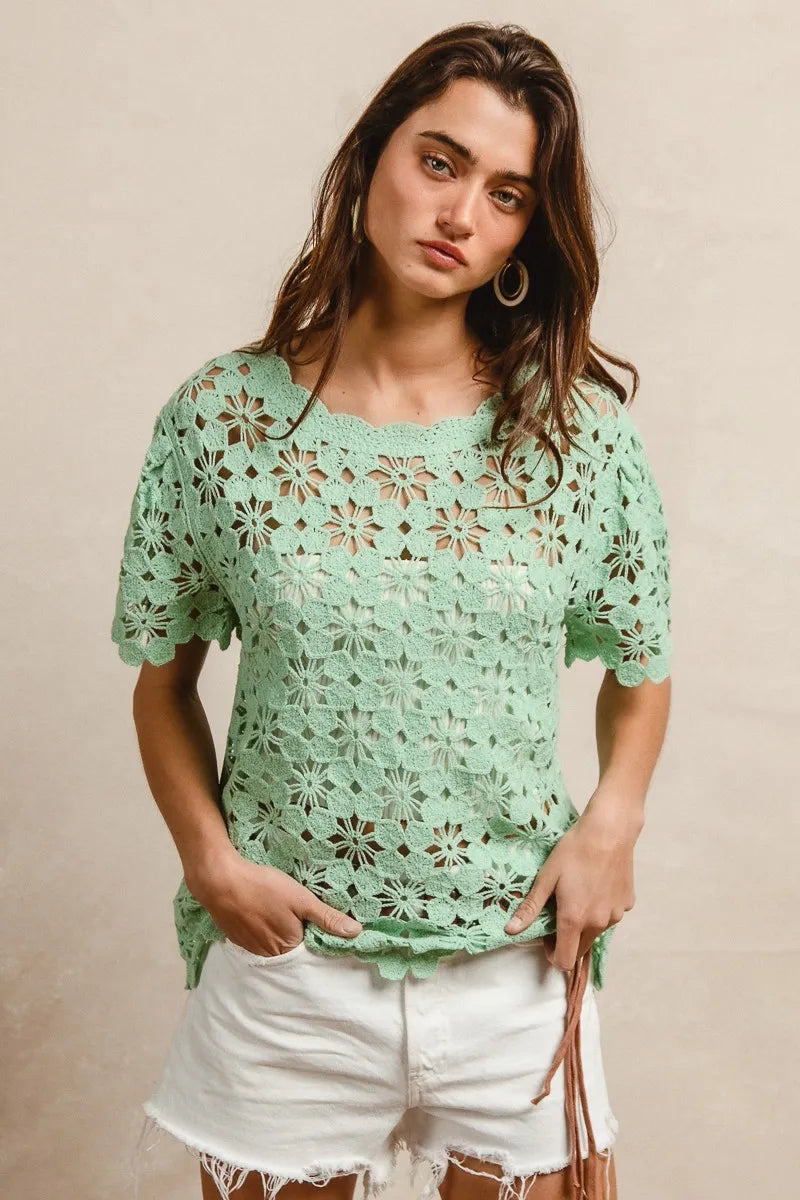 BiBi Light Green Openwork Crochet Short Sleeve Knit Top