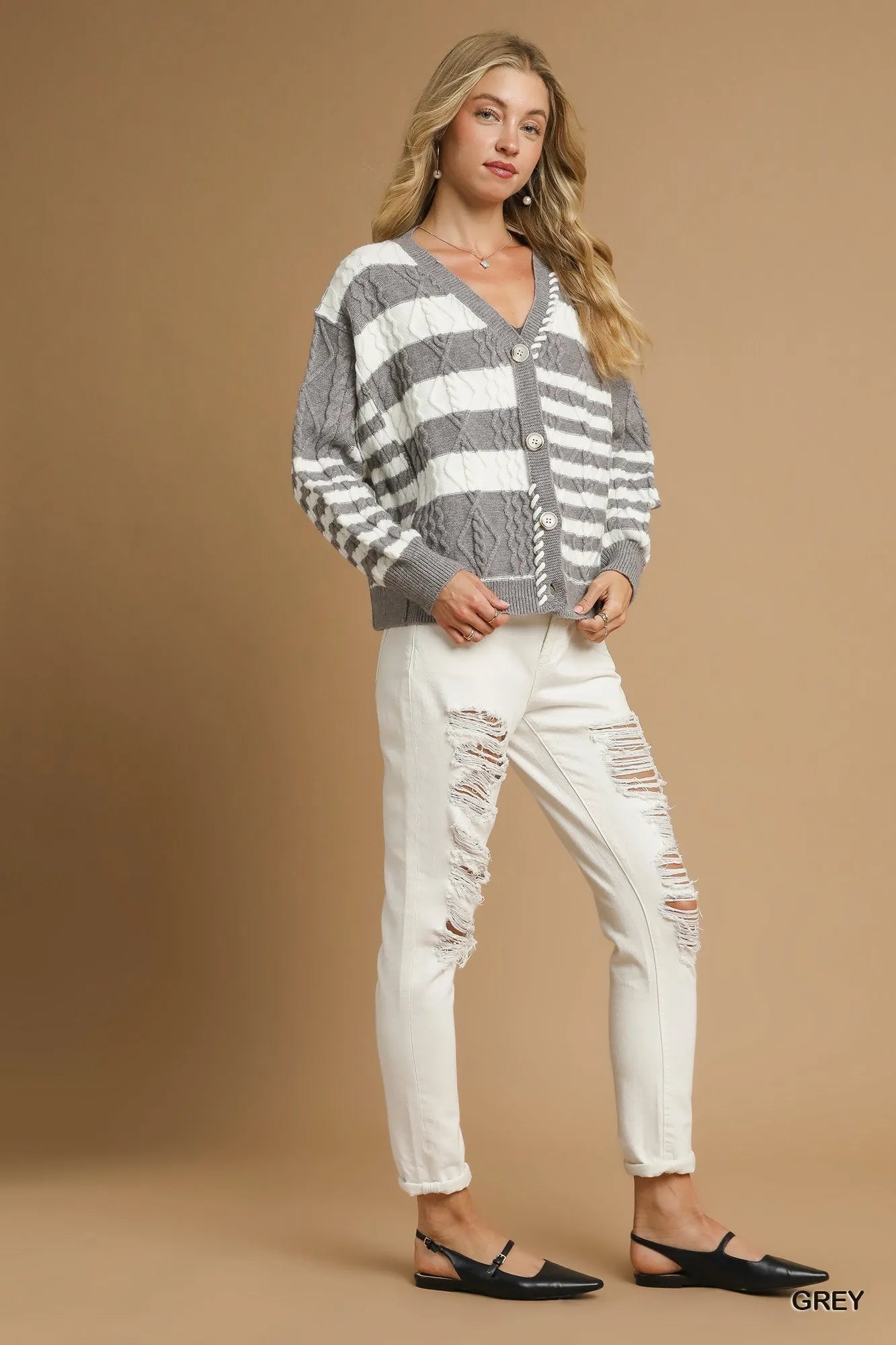 Umgee Grey Cable-Knit Stripe Button-Up Cardigan