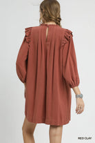 Umgee Red Clay Linen Ruffle Shoulder Pleated Babydoll Dress