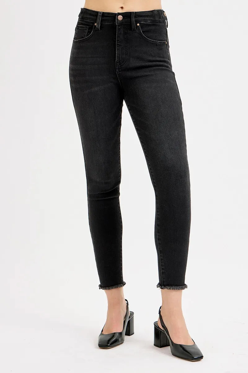 RISEN Black Tummy Control High Rise Waist Raw Hem Skinny Jeans