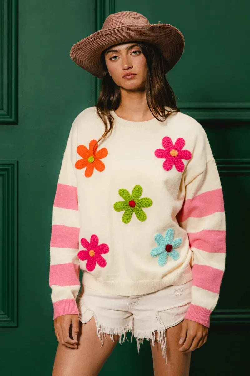 BiBi Oatmeal Colorful Floral Patched Sweater with Striped Sleeve
