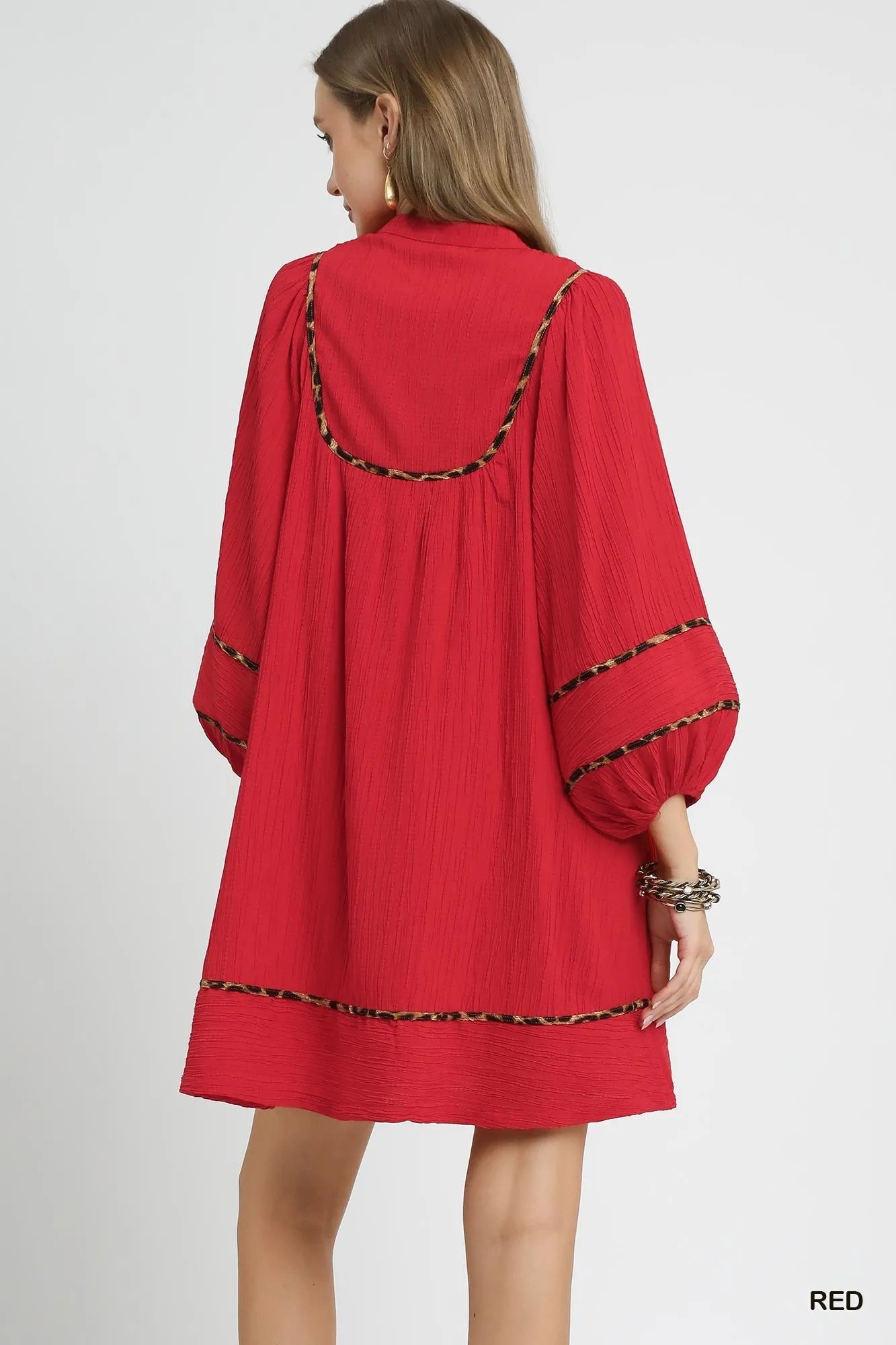 Umgee Red Textured Babydoll Dress with Leopard Trim