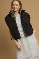 Umgee Sherpa-Lined Zip Vest with Drawstring Hem – Black Black