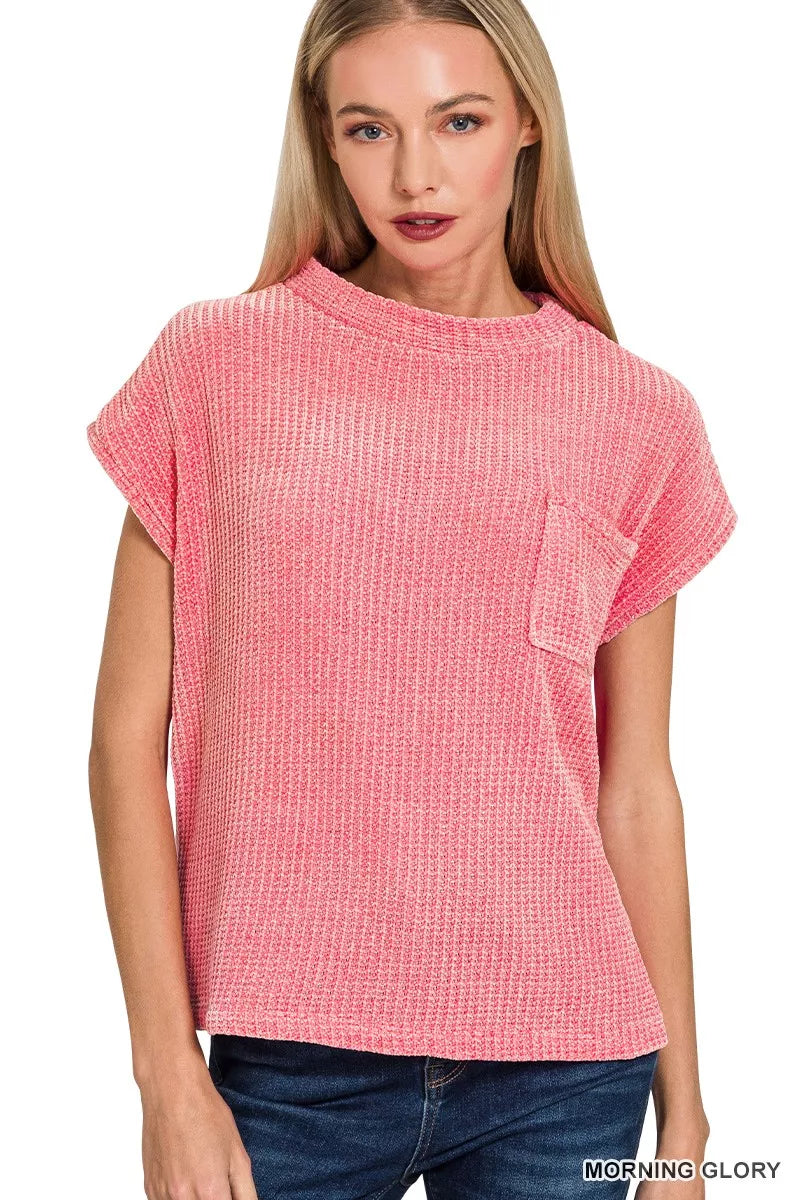 Zenana Morning Glory Chenille Waffle Short Sleeve Sweater MORNING GLORY