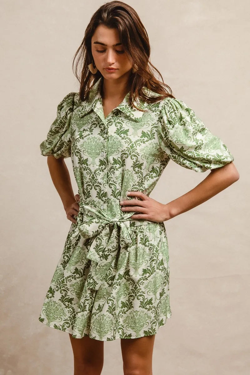 BiBi Tied Floral Short Sleeve Mini Shirt Dress in Green & Cream GREEN CREAM