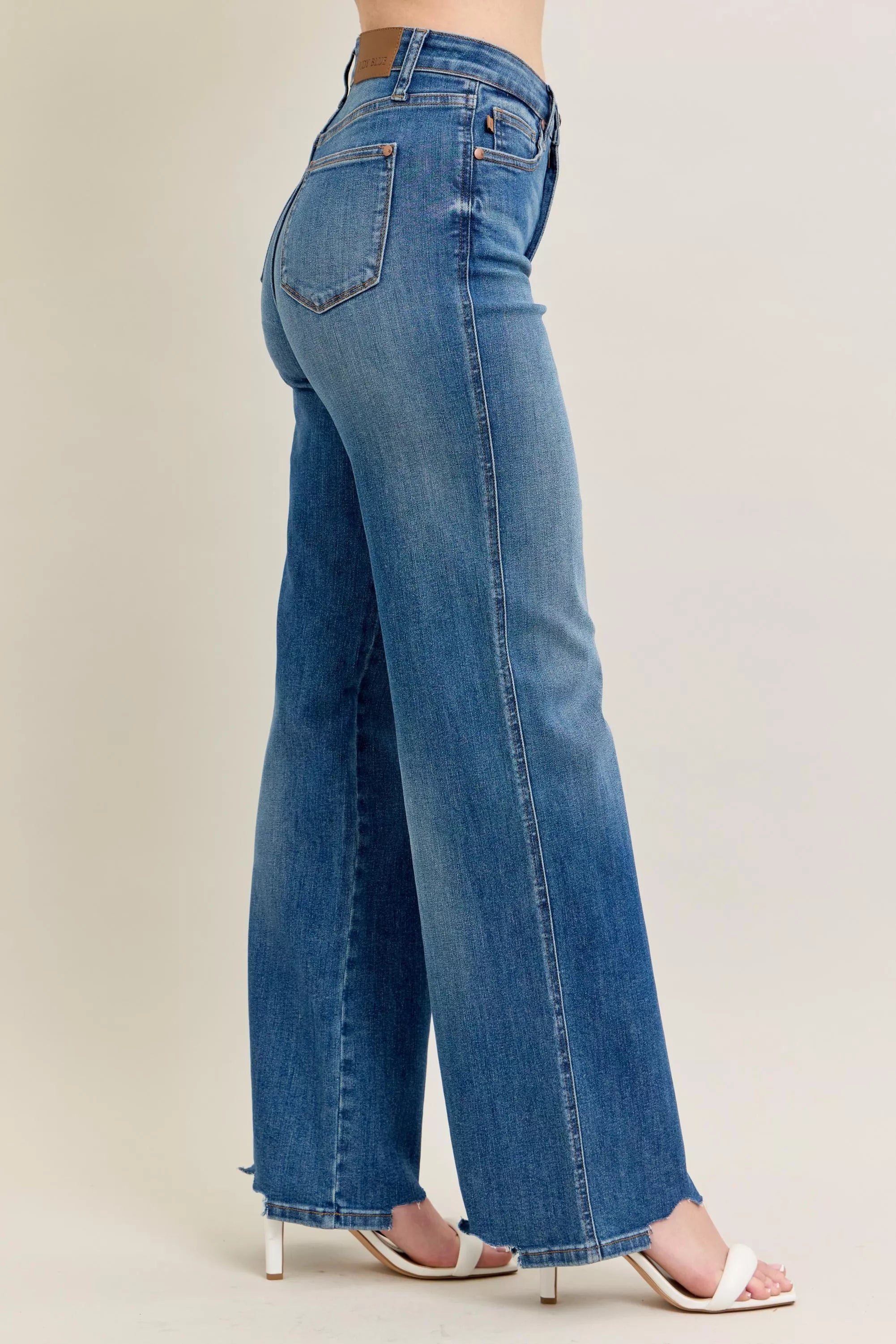 Judy Blue Medium Washed High Waist Tummy Control Chew Hem Destroyed Wide Jeans