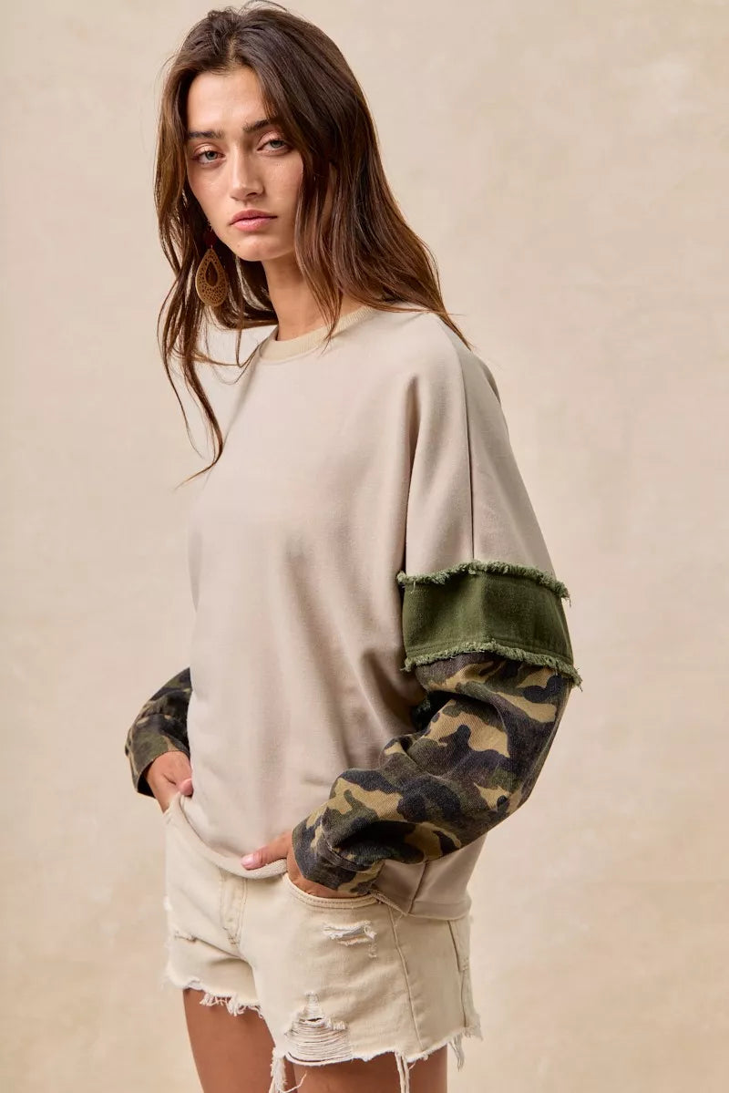 BiBi Taupe & Olive Camo Sleeve French Terry Top with Frayed Edge
