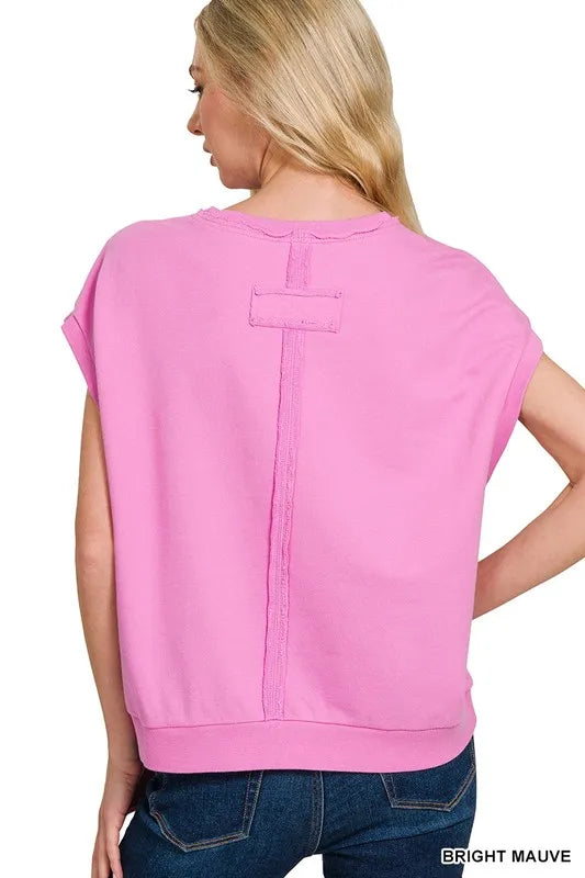 Zenana Sand Beige French Terry Round Neck Cap Sleeve T-Shirt