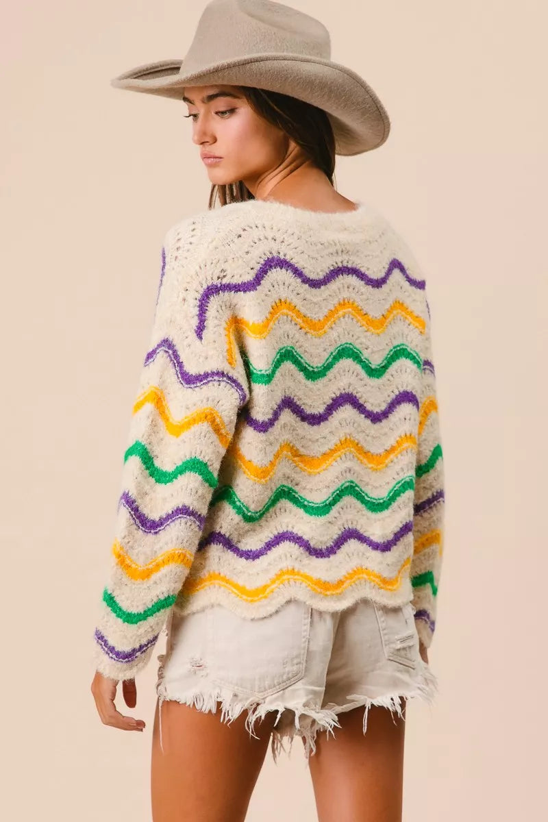 BiBi Mardi Gras Wavy Stripes V-Neck Sweater