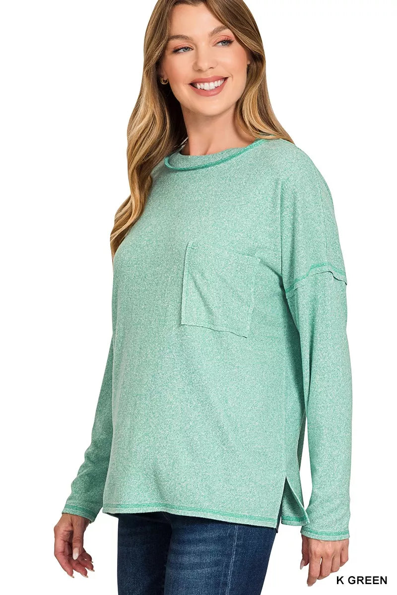 Zenana Kelly Green Soft Melange Hacci Round-Neck Long Sleeve T-Shirt